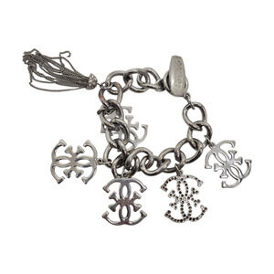 Vintage Guess Logo Big Charm Bracelet Silver Tone Rhinestone Tassel Chain Chunky